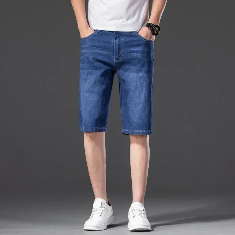 Short verão fino masculino casual jeans estilo clássico estiramento em linha reta moda solta.