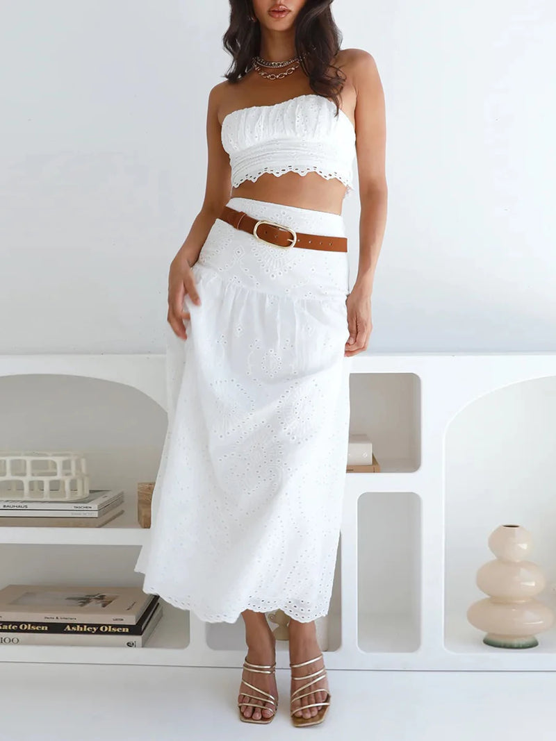 Women s 2 Piece Outfits Solid Color Eyelet Strapless Tube Tops High Waist A Line Skirt Clothes Set