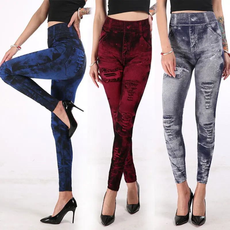 S-3XL 7Colors Imitation Jean High Waist Elastic Skinny Nine-cent Pencil Pant All Match Casual Slim Women Daily Leggings Trousers