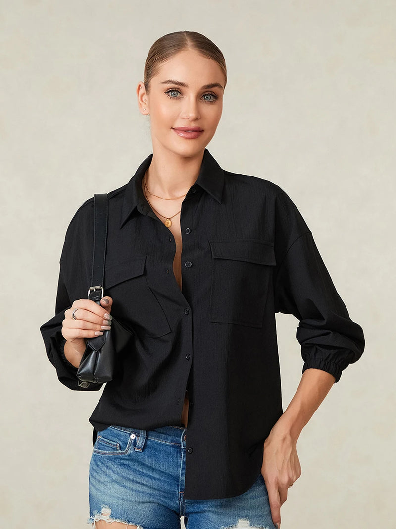 Women’s Button Down Lapel Shirts Lightweight Long Sleeve Solid Color Loose Tops Blouses with Pockets