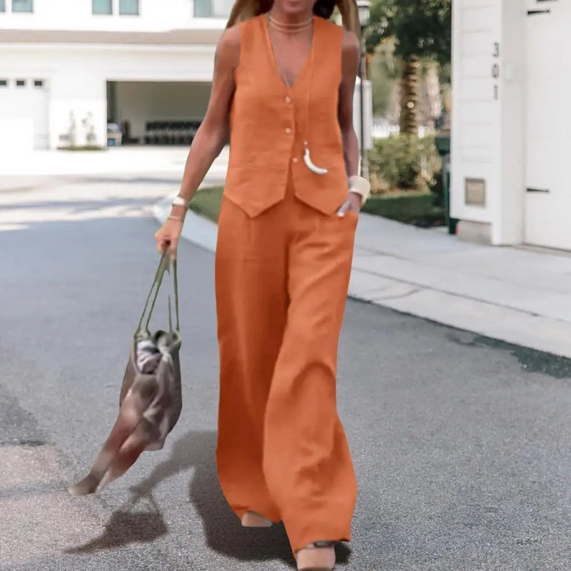 Women s Going Out 2 Piece Outfits Sleeveless V Neck Button Vest Wide Leg Pants Suit Casual Blazer Suits Summer Streetwear