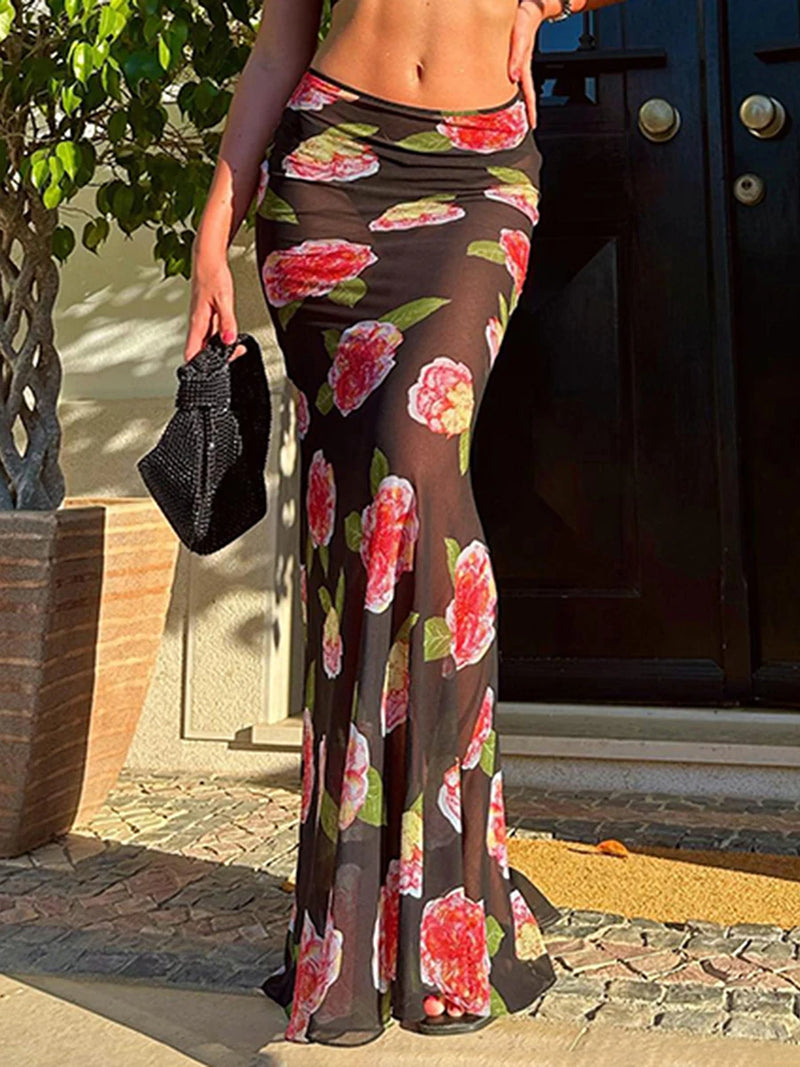 Women s Floral Mesh See Through Maxi Skirt Slim Fit Flowy High Waisted Midi Skirts Streetwear