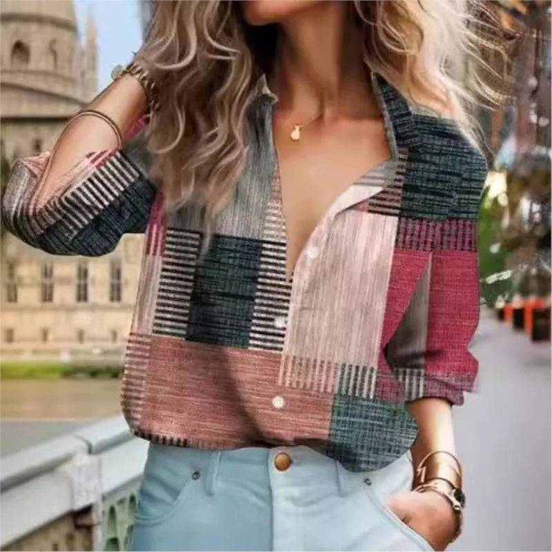 Elegant Women's Stripe Printed Collar Office Casual Shirt Spring And Autumn Fashion Woman Long Sleeve Button Loose Blouse S-3XL