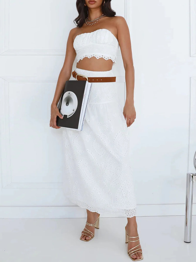 Women s 2 Piece Outfits Solid Color Eyelet Strapless Tube Tops High Waist A Line Skirt Clothes Set