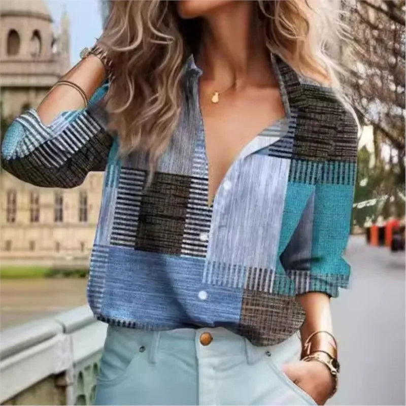 Elegant Women's Stripe Printed Collar Office Casual Shirt Spring And Autumn Fashion Woman Long Sleeve Button Loose Blouse S-3XL