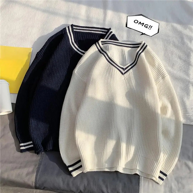 Sweaters Men Striped V Neck Knitted Autumn Simple Korean Style Harajuku Fashion Casual All-Match Couples Chic Loose New