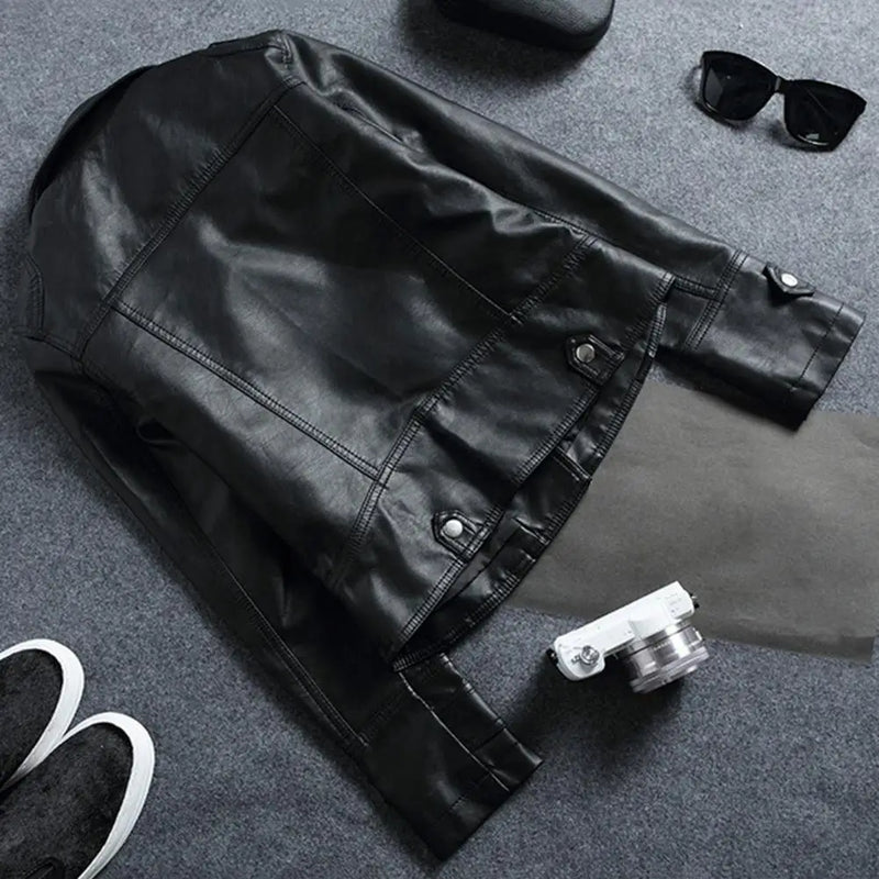 Women Cropped Trench Lapel Collar Leather Jackets Coat with Belt Female Single Button Short Jacket Motorcycle Jacket Outwear