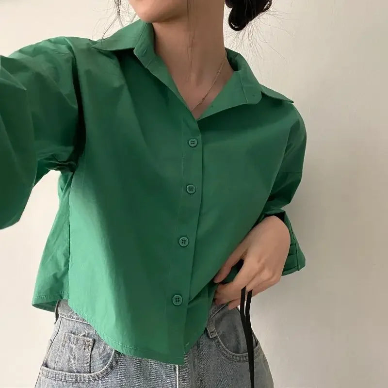 Shirts Women Korean Style Simple Baggy Solid All-match Long Sleeve Chic Crop Tops Elegant Leisure Trendy S-3xl Comfort Spring