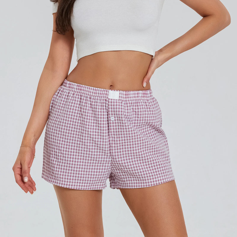 Women’s Plaid Print Shorts Elastic Low Waist Button Front Lounge Shorts Boxers Streetwear Low Rise Checkered Mini Pants