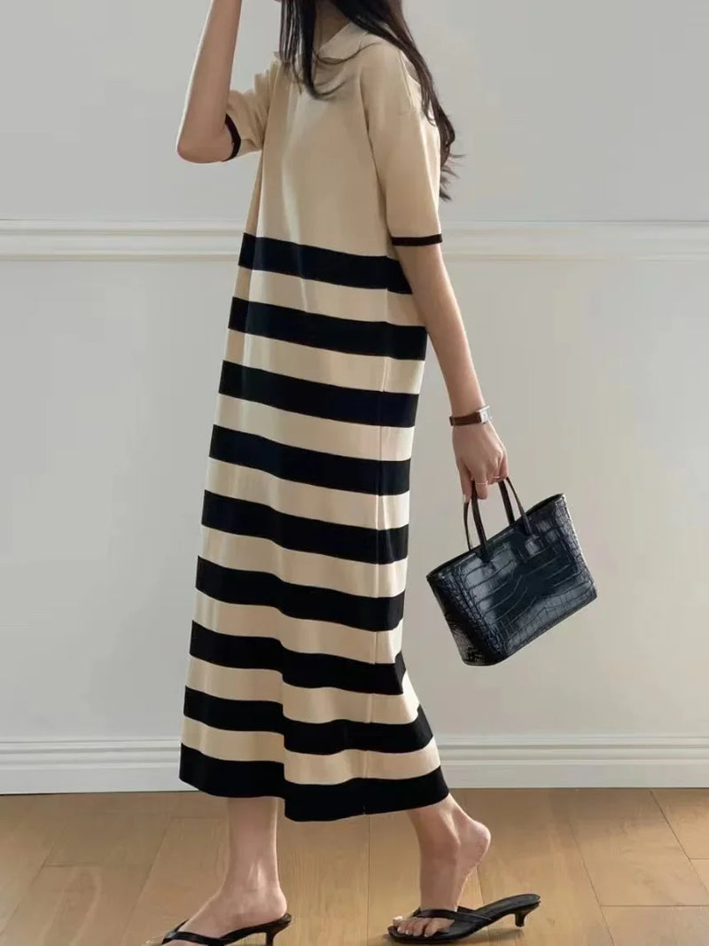 Summer Ice Silk Knitted Striped Dresses for Women 2023 Short Sleeve Patchwork Casual Loose Dress Korean Fashion Vestidos