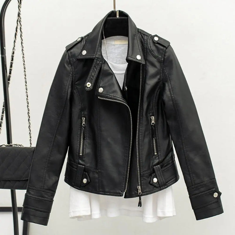 Women Cropped Trench Lapel Collar Leather Jackets Coat with Belt Female Single Button Short Jacket Motorcycle Jacket Outwear