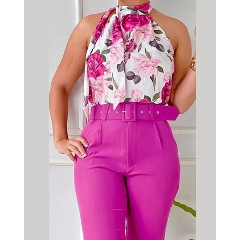 Summer Women Floral Print Halter Tank Top High Waist Pants Set With Belt Female O-Neck Two Pieces Suit Set Workwear Outfits