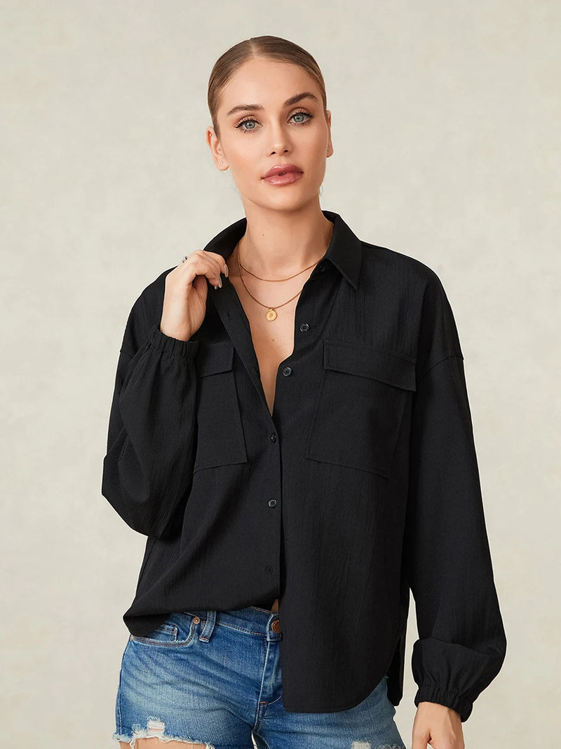 Women’s Button Down Lapel Shirts Lightweight Long Sleeve Solid Color Loose Tops Blouses with Pockets