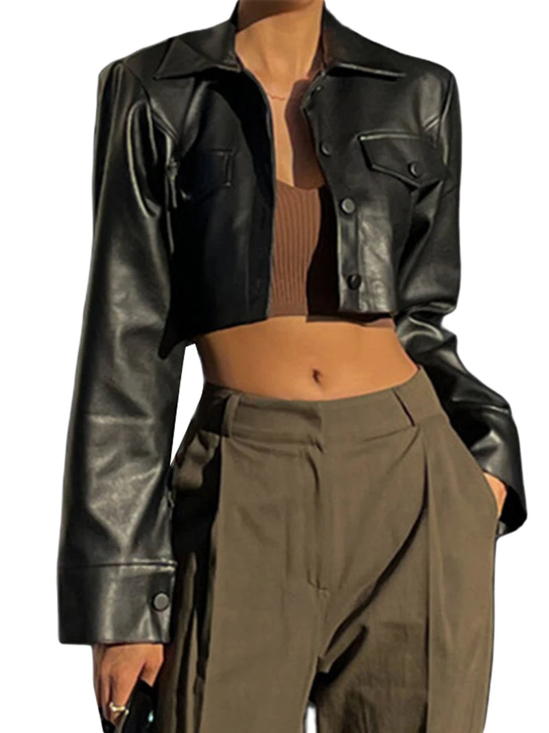 Women s Faux Leather Crop Jacket Button Down Pocket Cropped Motorcycle Biker Jacket Lightweight Blazer