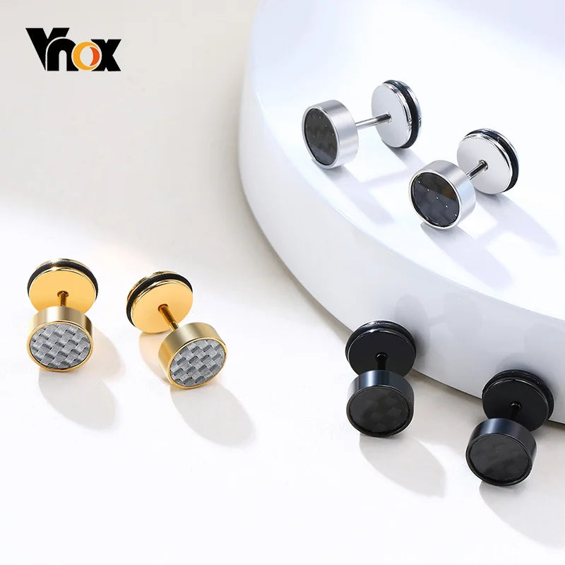 Vnox Punk Small Men's Stud Earrings Carbon Fiber Stainless Steel Black Male Ear Accessory Gothic Jewelry