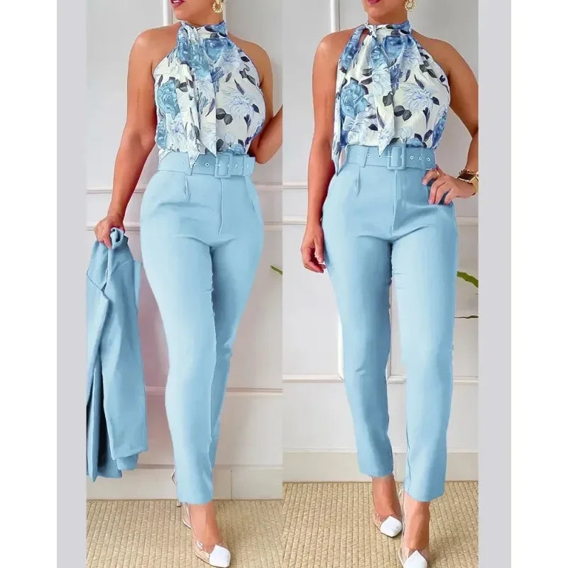 Summer Women Floral Print Halter Tank Top High Waist Pants Set With Belt Female O-Neck Two Pieces Suit Set Workwear Outfits